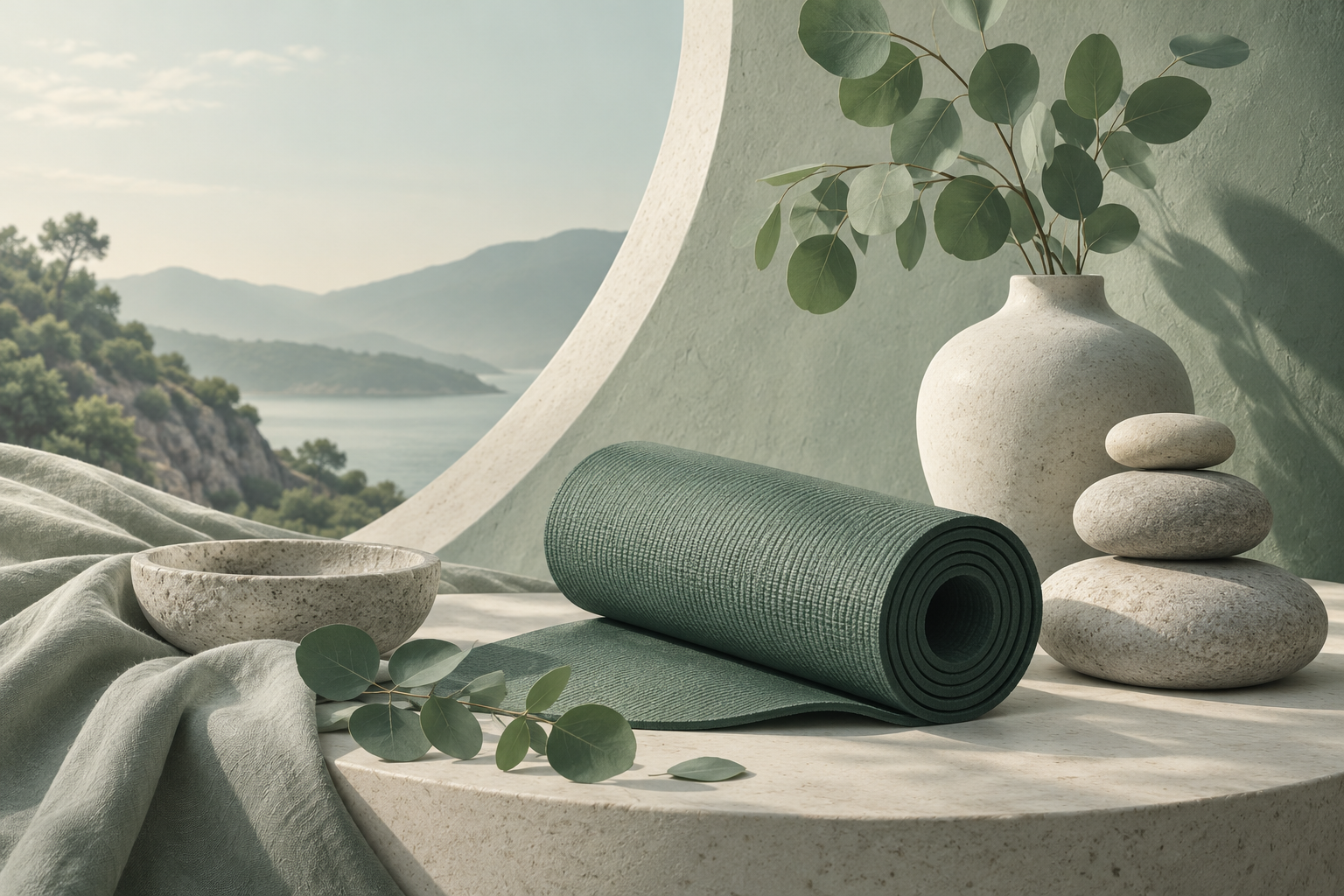balanced pale stone forms, eucalyptus and softly curved sage surface, serene yoga-inspired editorial still life, no people